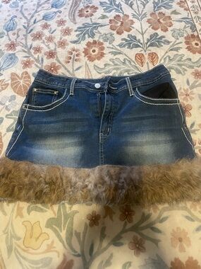 ROMWE Blue Denim Mini Skirt with Brown Fur Hem